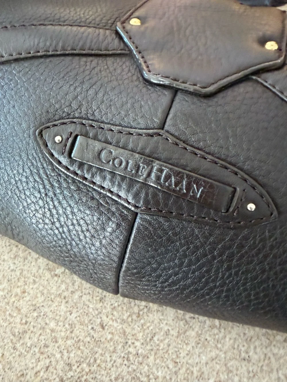 Cole Haan Dark brown Pebbled Leather Equestrian Hobo Bag with Gold Hardware